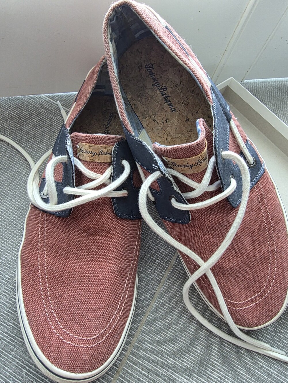 Tommy Bahama Men's Rust Canvas Boat Shoes with Navy Trim